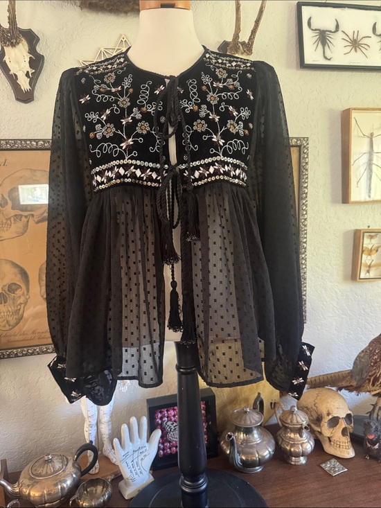 Forever 21 Tops - Forever 21 Black Embroidered Sheer Tie-Front Blouse